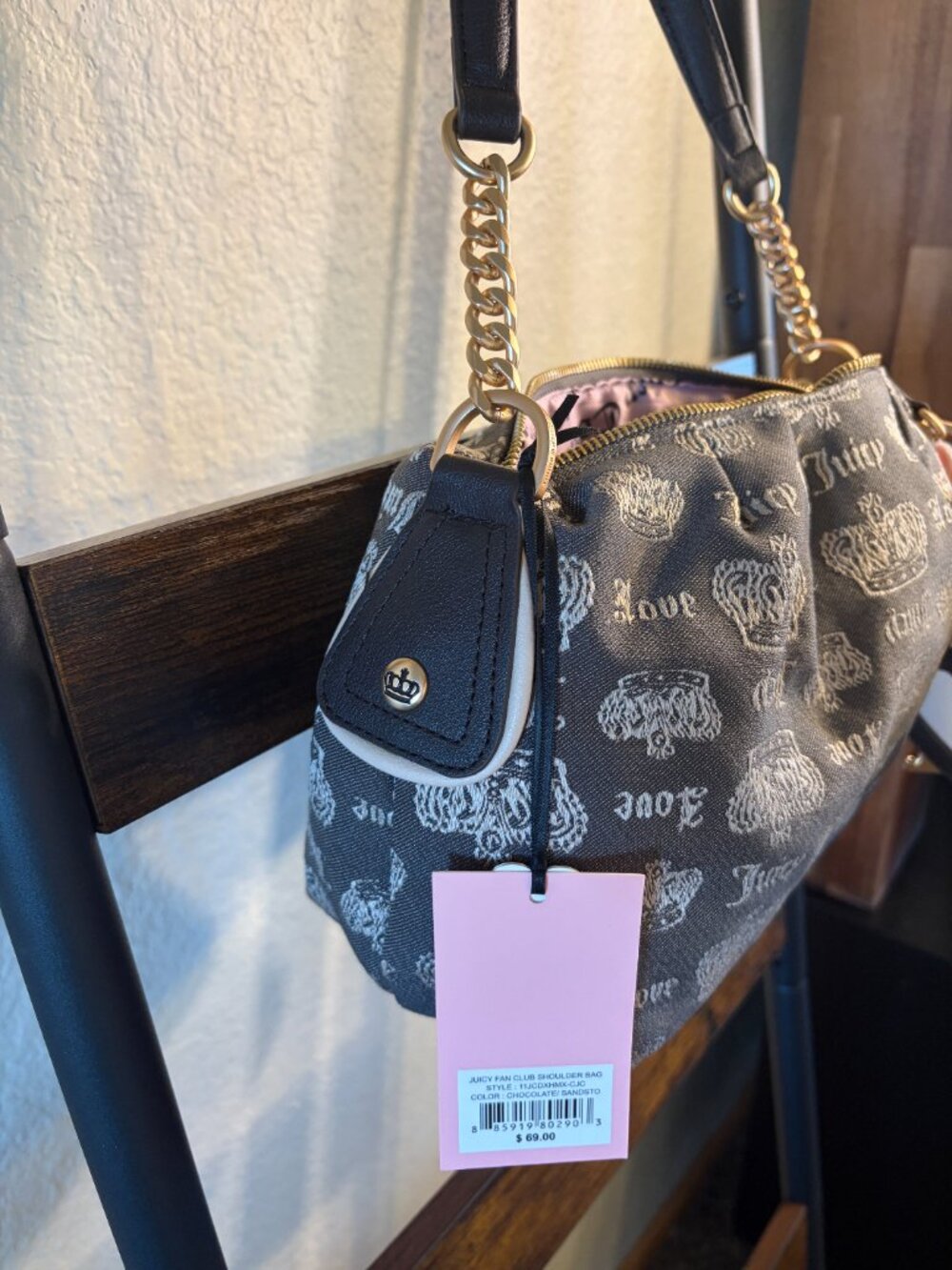 Juicy Couture Fan Club Brown Monogram Satchel Shoulder Bag Bow Charm - Picture 3 of 7